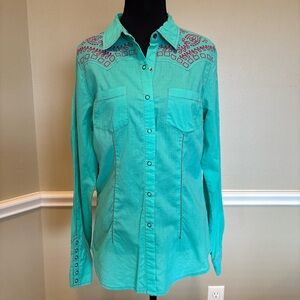 Buckle Turquoise Button-Down Shirt with Pink Embroidery